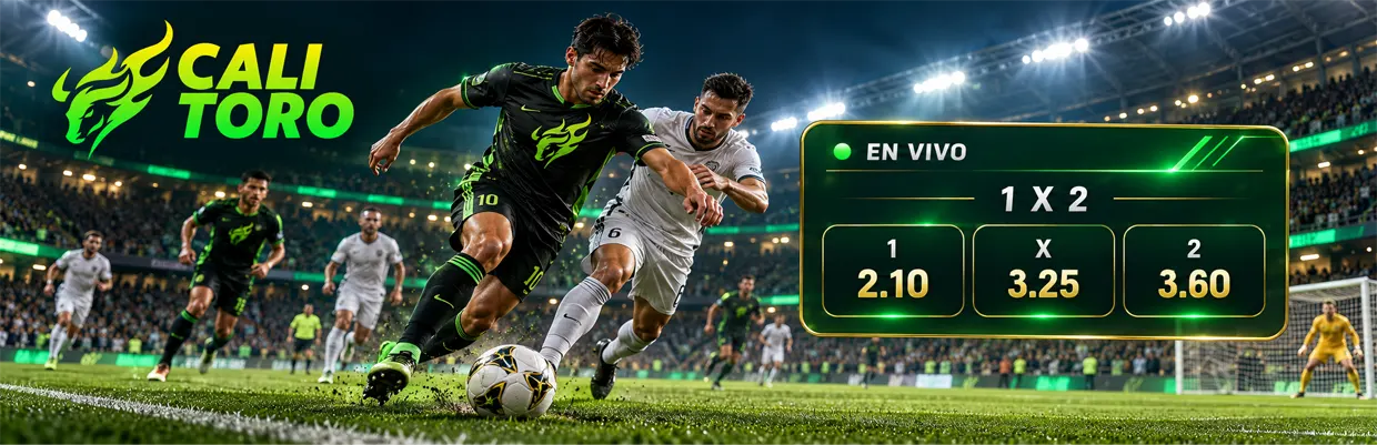 Partido de fútbol nocturno en un estadio iluminado, con un panel de cuotas decimales en vivo superpuesto sobre la cancha en referencia a Calitoro Bet