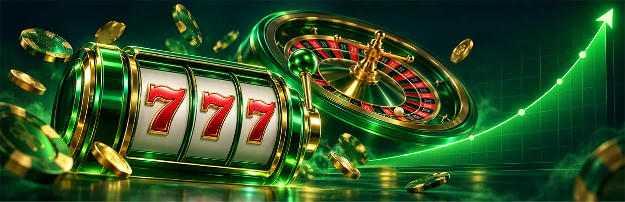 Ilustración de Calitoro Casino con rodillos de tragamonedas en primer plano, una ruleta en vivo detrás y la curva ascendente de un crash game